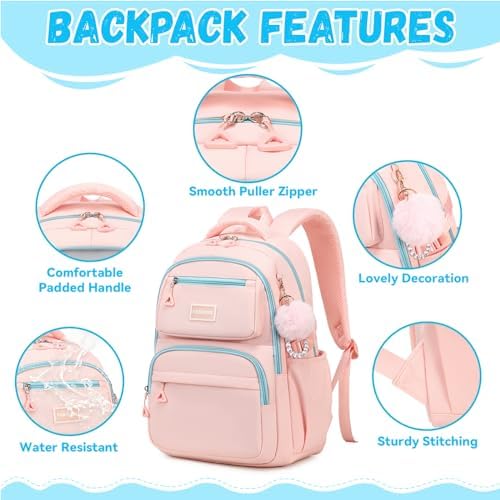 School Bag for Girls, Modern Contrast Color Kids Backpack for Primary High School Students, Fashion Bookbag Aged 6-12 with Furry Pom Pom - Image 5