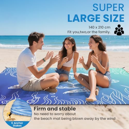 Ainiv Beach Blanket, Large Beach Mat 140 x 210 cm (2-3 People) Foldable, Picnic Blankets Sandproof Waterproof, Beach Accessories Outdoor Blankets with 6 Fixed Nails for Beach, Camping, Hiking, Picnic - Image 7