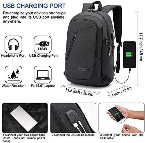 WENIG Anti-Theft Laptop Backpack,Business Travel Backpack Bag with USB Charging Port Lock,Water Resistant College School Computer Rucksack Work Backpack for Mens Womens Fits 15.6 Inch Laptop-Black - Image 2