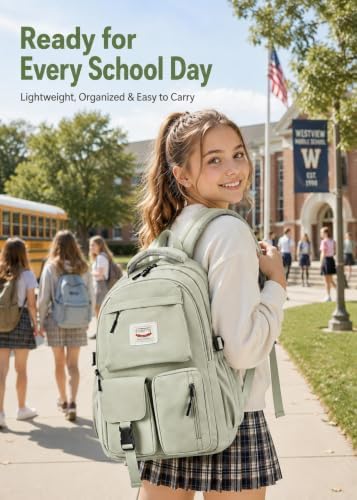 FIORETTO Lightweight School Backpack Womens, Cute School Bag for Teenager Girls, 15.6 Laptop Rucksack Backpack for School Casual Daypacks Travel Backpack for College Work Green 25L - Image 3