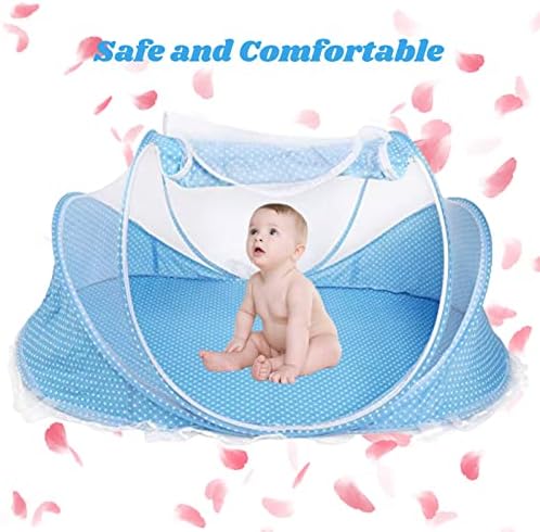 Baby Travel Bed Crib, Foldable Baby Infant Cradle Anti-Bug Tent with Protective Mosquito Net, Portable with Mattress Pillow for 0-18 Month Baby Infant Outdoors and Indoors(Blue/Pink)(Blue) - Image 3