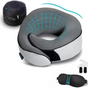 Proglobe Travel Pillow, Memory Foam Neck Pillow Set, Orthopedic Pillow, Travel Essentials for Flying, Kit with 3D Contoured Sleep Mask, Earplugs and Luxury Mesh Bag (Grey)
