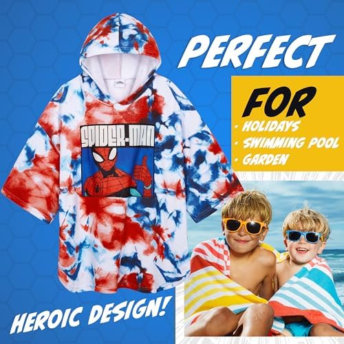 Marvel Spiderman Bath Towel with Hood for Kids Teenagers Absorbent Changing Robe Poncho Towel for Swimming Bath Shower Beach Towel Holiday Essentials (Multi Spiderman, 10-13 Years) - Image 2