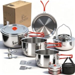 18/8 Stainless Steel Camping Cookware Set, Family Size 6 to 8 People Pots and Pans with Utensils and Kettle, Outdoor Cooking Kit with Carrying Bag
