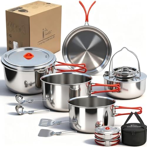 18/8 Stainless Steel Camping Cookware Set, Family Size 6 to 8 People Pots and Pans with Utensils and Kettle, Outdoor Cooking Kit with Carrying Bag