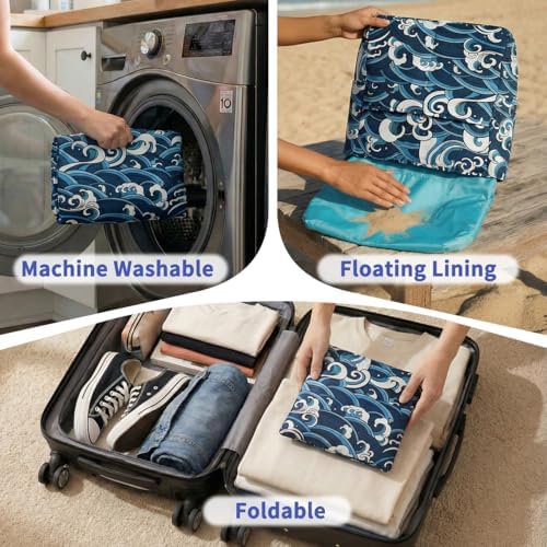 Foldable Beach Bags for Women with Zip, 22.7L Water Resistant Medium Summer Holiday Tote Bag Lightweight Sandproof for Swimming Pool Cruise Sea Wave - Image 2