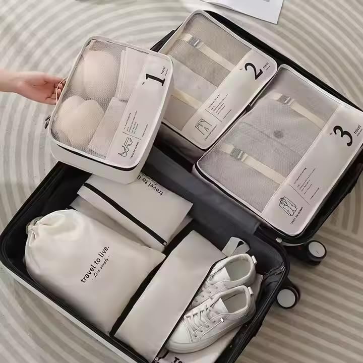 7 Piece Packing Cubes Set for Suitcases | Luxury Travel Organiser Bags | Compression Luggage Cubes with Shoe Bag & Pouches | Beige | Brand New - Image 4