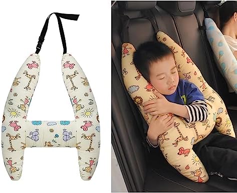 Kids Car Travel Pillow Car Seat Belt Cushion Head Neck Support Pillow Safety Strap Covers Adults Children Headrest for Car Travelling Sleeping Pillow, Beige