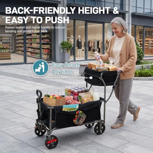 EVER ADVANCED Folding Push & Pull Trolley with Brake, Shopping Basket, Cup Holder, Side Pocket, Beach Trolley up to 100 kg for Camping, Beach, Shopping Black - Image 4