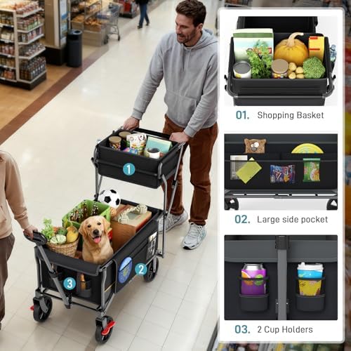 EVER ADVANCED Folding Push & Pull Trolley with Brake, Shopping Basket, Cup Holder, Side Pocket, Beach Trolley up to 100 kg for Camping, Beach, Shopping Black - Image 5