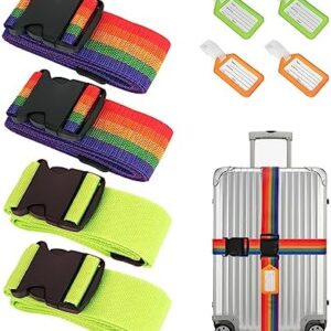 4 Pack Luggage Straps, Adjustable Travel Belts, Heavy Duty Suitcase Fixed Strap with 4 Name ID Tags, 2 Green, 2 Multicolor, 200 x 5 cm