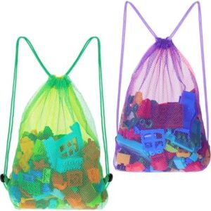 2Pcs Mesh Beach Backpack Bag, Drawstring Swimming Bag, Large Backpack Mesh Bags for Sand Beach Toy, Gym, Vacation Essentials (16 x 12.8in)