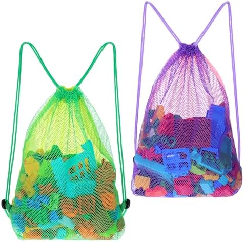 2Pcs Mesh Beach Backpack Bag, Drawstring Swimming Bag, Large Backpack Mesh Bags for Sand Beach Toy, Gym, Vacation Essentials (16 x 12.8in)