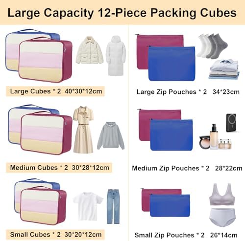 2-Tone Packing Cubes, 12 Piece Packing Cubes for Suitcases, Mesh & Flat Zip Bags, Large Medium Small Sizes, Lightweight Travel Cubes for Luggage Storage (12, Navy Burgundy) - Image 2