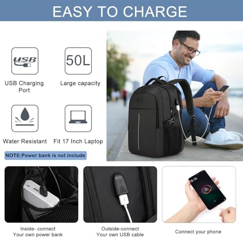 Extra Large Backpack for Men 50L,Water Resistant 17Inch Travel Laptop Work bag with USB Charging Port Anti Theft Big Business TSA Approved Computer Rucksack Women College School,Black - Image 2