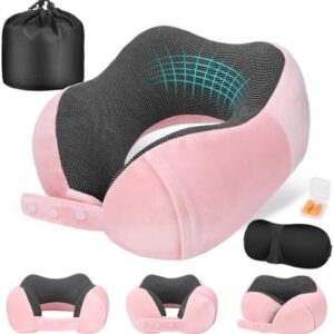Cirorld Travel Pillow for Airplane, Neck Pillow for Travel, Memory Foam Travel Neck Pillow for Adults, Adjustable & Compact Flight Pillow, Ergonomic Neck Cushion, With Ear Plugs, Eye Mask, Carry Bag