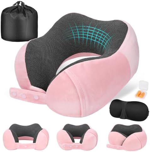 Cirorld Travel Pillow for Airplane, Neck Pillow for Travel, Memory Foam Travel Neck Pillow for Adults, Adjustable & Compact Flight Pillow, Ergonomic Neck Cushion, With Ear Plugs, Eye Mask, Carry Bag
