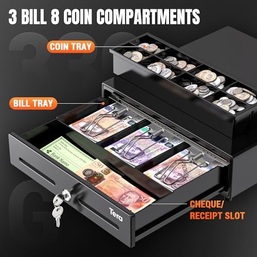Tera 13" Cash Register Drawer Auto Open 33.5x30x10.4cm with 3 Bill 8 Coin Cash Tray 6 Keys Removable Coin Compartment Key-Lock 12V RJ12 Interface Media Slot for System Shop Business 330G - Image 4
