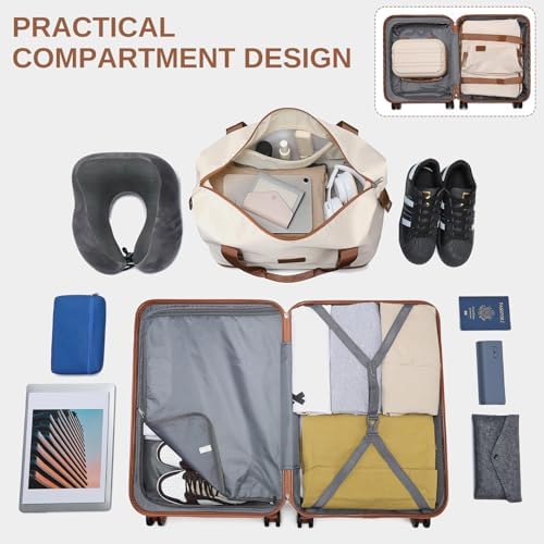 Kono 4-Piece Luggage Set, Lightweight ABS+PC Hardshell 12" and 20" Carry-On Cabin Suitcases with TSA Lock, Includes Duffle Bag and Toiletry Bag (Beige/Brown) - Image 3