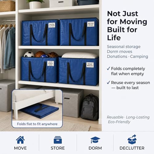Heavy Duty Moving Boxes or Storage Bags – Storage Bins with Lids, Large Moving Bags with Backpack Straps & Handles – Moving Supplies for College Dorm or Christmas Decorations, 6 Pack - Image 10