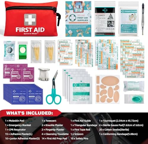 General Medi Mini First Aid Kit, 92 Pieces Small First Aid Kit - Includes Emergency Foil Blanket, Scissors for Travel, Home, Office, Vehicle, Camping, Workplace & Outdoor (Red) - Image 2