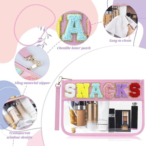 Buycard Snack Bag for Travel with Chenille Letter Patch-Preppy Waterproof Pouch for Travel, Makeup, Gym,Zippered Cosmetic Tote for Women & Girls,Holiday Essentials. (Pink) - Image 3
