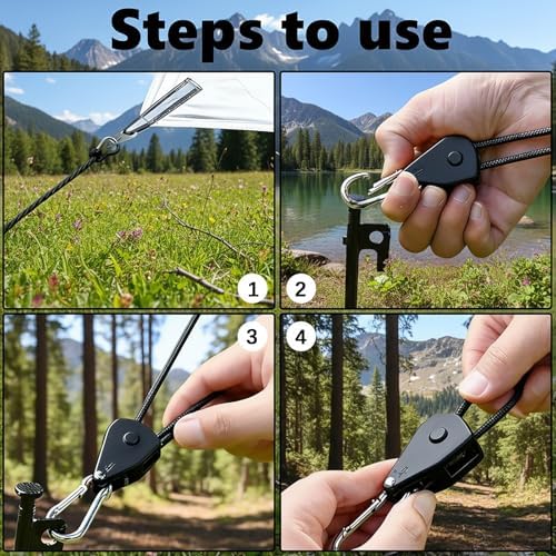 4-Pack Heavy Duty Metal Pulley Rope Adjuster Kit with 4mm Paracord & Hooks - Complete Tensioner System for Camping, Tent Guy Lines, Tarps, Hammocks and Outdoor Gear - Image 6