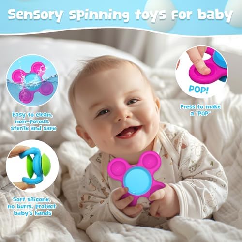 Suction Toys 3PCS Silicone Sensory Toys for Babies 10+ Months Suction Cup Spinner Toys Baby Bath Toys Fidget Spinners for Kids High Chair Travel Toys for Sensory Development(Stackable-Star) - Image 2