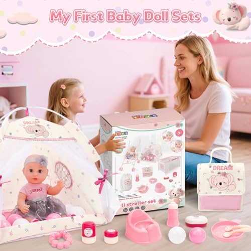 deAO Baby Doll Stroller Playset for Kids Baby Doll Accessories with 14" Doll, Cot and Pram, Play Tent, Feeding Set, Storage Travel Bag and Balls, Pretend Play Nursery Set for Girls Toddlers - Image 7