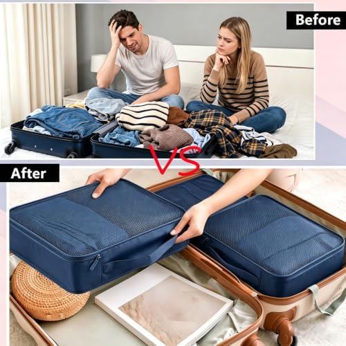 6 PCS Large Packing Cubes, Lightweight Luggage Packing Organizers Cubes | Same size 40x30x12cm Suitcase organiser bags | Double zip | Lightweight breathable material | Ideal for trave & home - Navy - Image 7