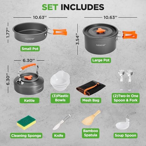NutriChef Camping Cookware Set - Lightweight Nonstick Pots, Pans, Utensils, Bowls, Cutlery, and Cleaning Tools with Mesh Bag, Foldable Handles, Compact Outdoor Cooking Gear for Hiking & Travel (Grey) - Image 3