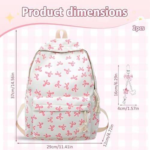 Pink Bow School Backpack for Girls | Kawaii Preppy Aesthetic Rucksack with Adjustable Straps & Keychain | 15L Cute Durable Bookbag for Teenagers, Secondary & Primary School Students - Image 2