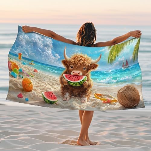 Cute Highland Cow Beach Towel Kids Beach Blanket, Fun Fanciful Design Quick Dry Soft Absorbent Sand Free Beach Essentials for Summer Vacations Pool 70x35 Inch