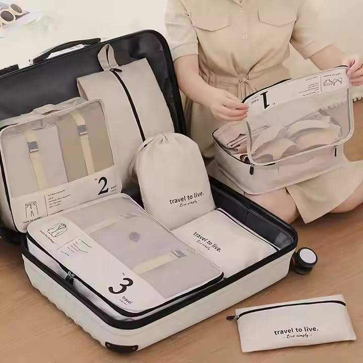7 Piece Packing Cubes Set for Suitcases | Luxury Travel Organiser Bags | Compression Luggage Cubes with Shoe Bag & Pouches | Beige | Brand New - Image 2