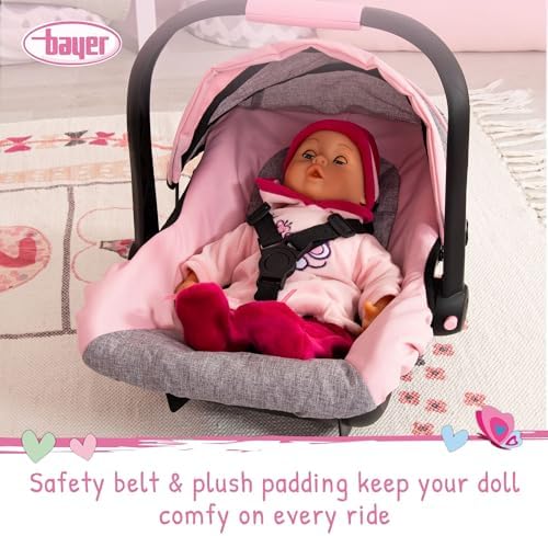 Bayer Deluxe Dolls Car Seat - Baby Doll Travel Car Seat with Sun Canopy - Ergonomic Handle, Safety Seat Belt, Doll Accessories for 46cm Dolls - Role Play Birthday Gifts for Girls, Boys | Fits 18 Inch Dolls and Reborn Babies, Integrated Sunshade, Safety Belt and Ergonomic Handle for Easy Transport - Image 4