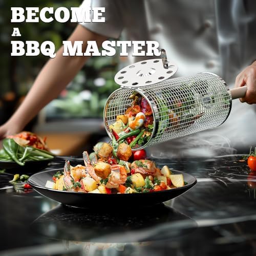 ivtivfu BBQ Rolling Grill Basket Set, Removable Wooden Handle,304 stainless steel,Nesting Grilling Net,BBQ Accessories Tools for Vegetables Shrimp,Outdoor Cooking Camping,Birthday Gifts for men Dad - Image 4