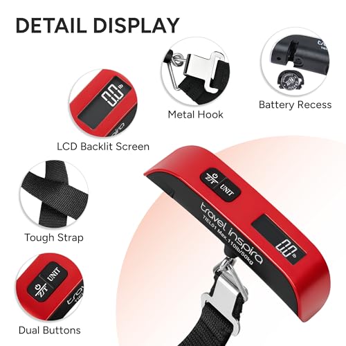travel inspira Luggage Scale, Portable Suitcase Weighing Scales, Travel Accessories for Luggage, 110lb/50kg, Unit Conversion, Temperature Measurement, Auto Off, Battery Included (Red) - Image 6