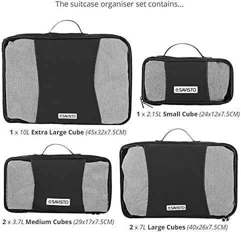 Savisto Packing Cubes 6 Piece Set, Durable & Lightweight Travel Essentials For Suitcases - Includes 1 XL, 2 L, 2 M, 1 S - Available in 8 Stylish Colours - Black - Image 6