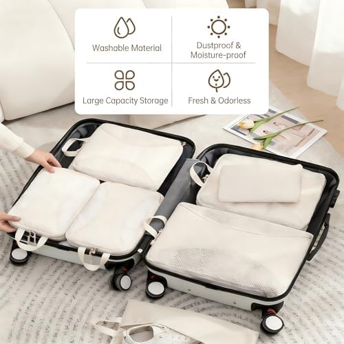 Travel Compression Packing Cube Set – Compression Organisers with Shoe Bag, Toiletry Pouch & Laundry Bag, Lightweight Luggage Storage for Business Trips or Weekend Getaways (Beige, 9 Set) - Image 5