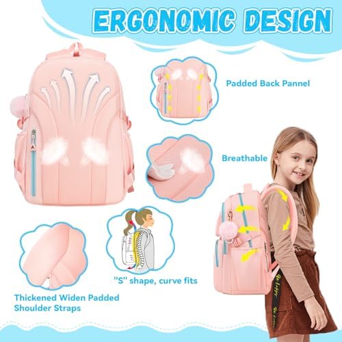 School Bag for Girls, Modern Contrast Color Kids Backpack for Primary High School Students, Fashion Bookbag Aged 6-12 with Furry Pom Pom - Image 3