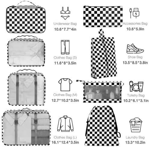 8 Set Packing Cubes for Suitcases,Packing Cube with Shoe, Cosmetics, Clothing, and Accessories Bags Packing Cubes for Travel Luggage Organizer Women Men(Black White Checkered) - Image 2