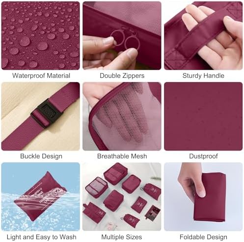 Packing Cubes for Suitcases, 10 pcs Packing Cubes Luggage Organiser Bags Travel Essentials Bags for Clothes Shoes Toiletries Travel Luggage Organizers Storage Bags-Burgundy - Image 3