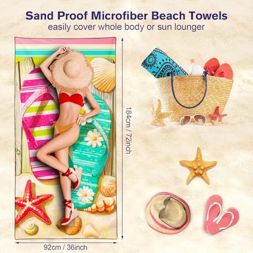 Flip Flop & Starfish Beach Towel, Extra Large 180x90 cm 250GSM Microfibre, Sand Free Quick Dry, Ideal Vacation Gifts with Carry Bag for Pool Cruise Camping - Image 5