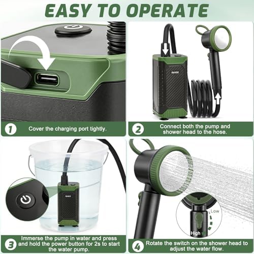 Portable Camping Shower, 8000mAh Rechargeable Camping Shower Pump with Intelligent LED Display, IPX8 Waterproof Outdoor Shower Kit for Hiking, Travel, Car, Pet, Campervan, Army Green - Image 7