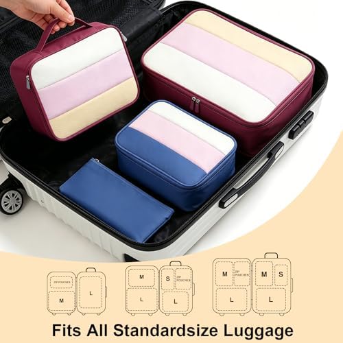 2-Tone Packing Cubes, 12 Piece Packing Cubes for Suitcases, Mesh & Flat Zip Bags, Large Medium Small Sizes, Lightweight Travel Cubes for Luggage Storage (12, Navy Burgundy) - Image 5