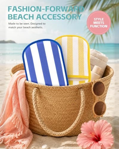 2 Pcs Sand Remover for Beach - Classic Yellow Blue Stripe Large Quick Sand Wipe Off Mitts Reusable Powder Pouch Sand Remover for Beach Kids Summer Vacation Essentials for Women Family - Image 5