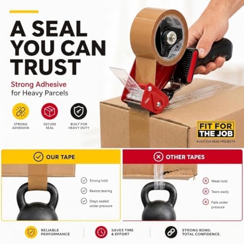 Fit For The Job Brown Parcel Tape Gun and Dispenser - Heavy Duty Packing Tape Dispenser for Efficient Sealing and Packing Needs - 6 Rolls - Image 4