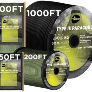 TECEUM Paracord Type III 550 Black – 30 m – 4mm – Tactical Rope MIL-SPEC – Outdoor Para Cord – Camping Hiking Fishing Gear and Equipment – Parachute Cord – Strong Survival Rope (100ft) 016