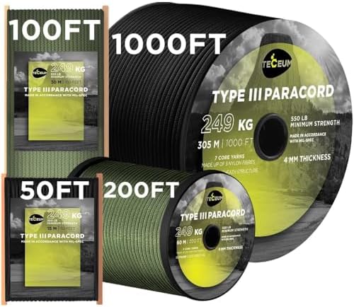 TECEUM Paracord Type III 550 Black – 30 m – 4mm – Tactical Rope MIL-SPEC – Outdoor Para Cord – Camping Hiking Fishing Gear and Equipment – Parachute Cord – Strong Survival Rope (100ft) 016