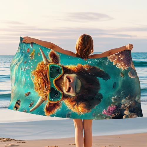 Colorful Highland Cow Beach Towel Microfiber Bohemian Underwater Design Quick Dry Absorbent Sand Free Lightweight Beach Blanket for Pool Gym Vacation Essentials 70x35 Inch - Image 2